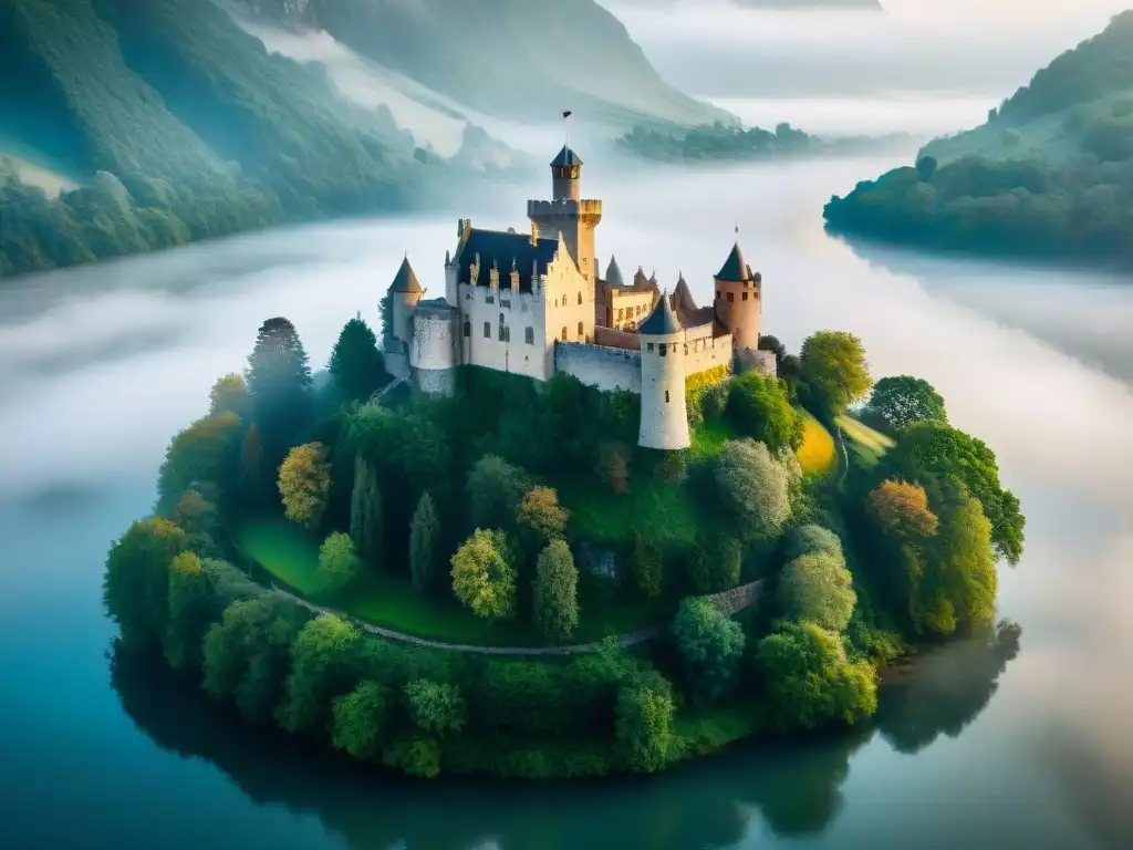 Castillo medieval en la niebla: misterio y grandiosidad Un castillo medieval rodeado de enigmas, tesoros y misterios, emerge misterioso entre la niebla sobre un lago sereno