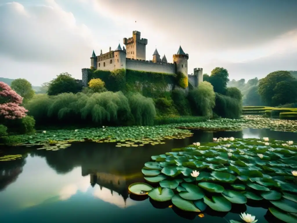 Castillo medieval rodeado de naturaleza: puente y estanque Un castillo medieval rodeado de exuberante vegetación, con un puente sobre un estanque tranquilo