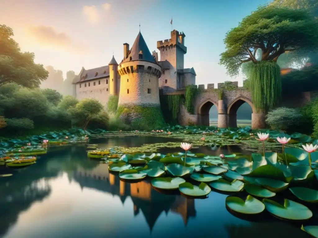 Castillo medieval en la naturaleza: 8k de belleza y magia Un castillo medieval rodeado de exuberante vegetación, con un puente de piedra sobre un estanque tranquilo