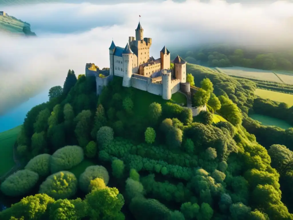 Castillo medieval en armonía con la naturaleza: historia y sostenibilidad Un castillo medieval rodeado de exuberante vegetación y un cielo azul, reflejando la sostenibilidad en castillos históricos