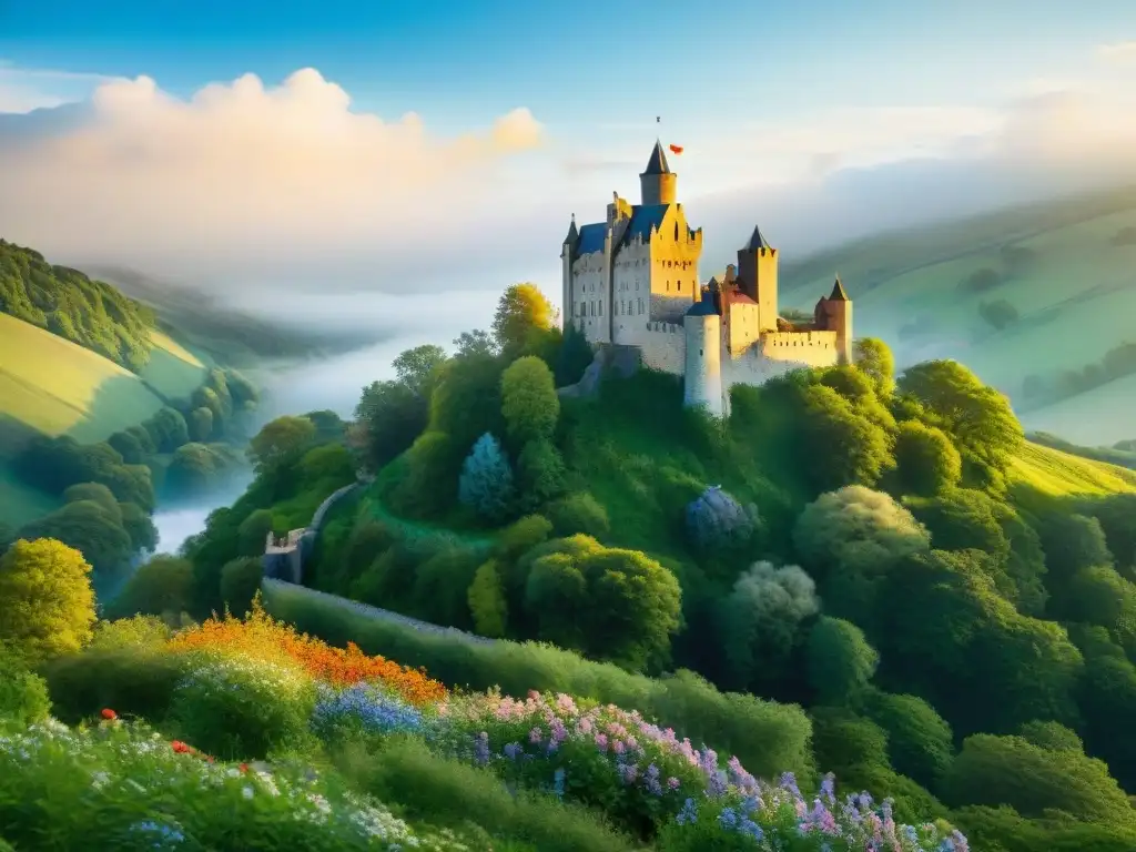 Castillo medieval en bosque verde: conservación y armonía Un castillo medieval rodeado de naturaleza exuberante, resaltando la importancia de la conservación y la historia del planeta