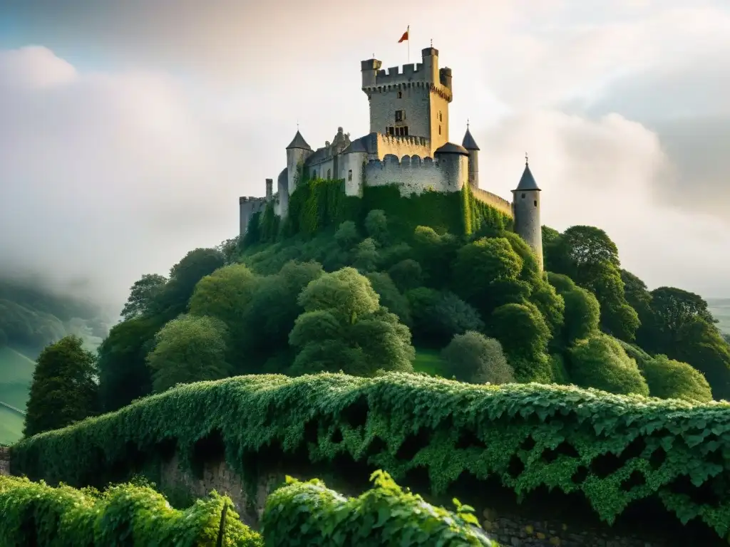 Majestuoso castillo medieval entre la niebla Un castillo medieval rodeado de vegetación, con paredes de piedra desgastadas y torres imponentes, bajo un cielo nublado