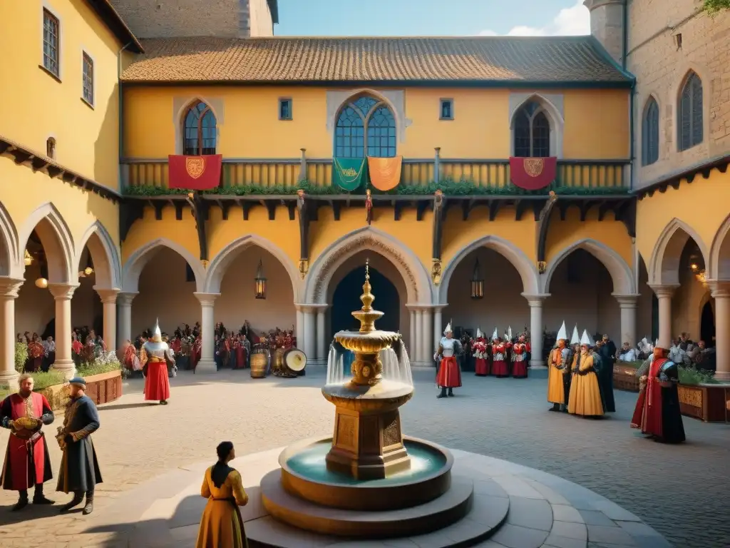 Corte medieval con caballeros y músicos en un castillo dorado Un castillo medieval con decoración en tonos medievales, caballeros, músicos y un dragón en la fuente