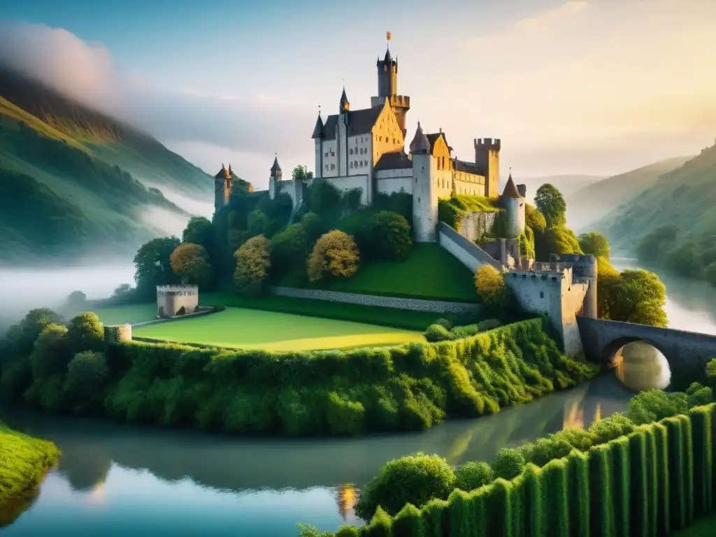 Castillo medieval en un valle verde, con murallas antiguas y torres altas, evocando la importancia estratégica castillos monarquía