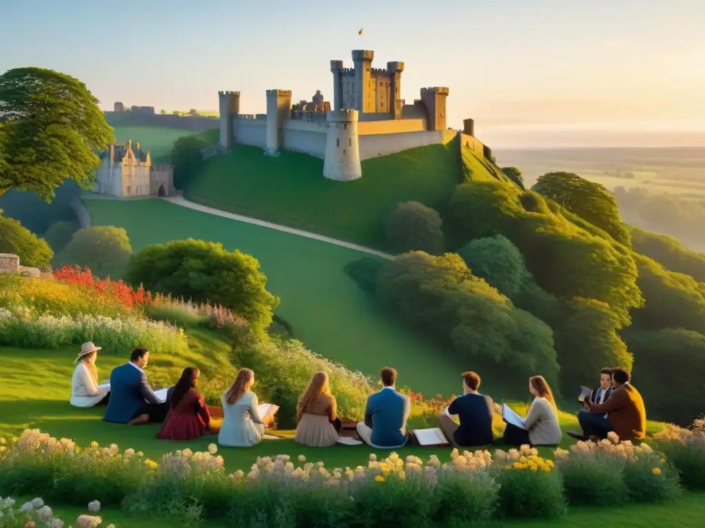Un castillo milenario convertido en aula, donde estudiantes diversos estudian historia en un entorno mágico al atardecer