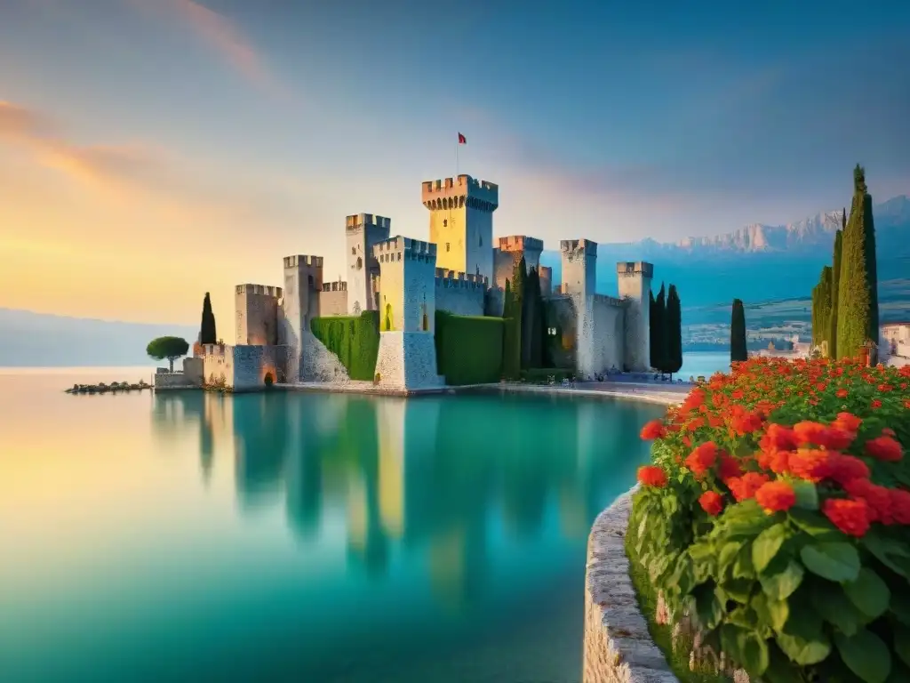 Atardecer mágico en el Castillo de Sirmione: reflejos dorados en el lago Castillo de Sirmione historia misteriosa: majestuoso castillo iluminado por la cálida luz dorada al atardecer, reflejándose en el lago