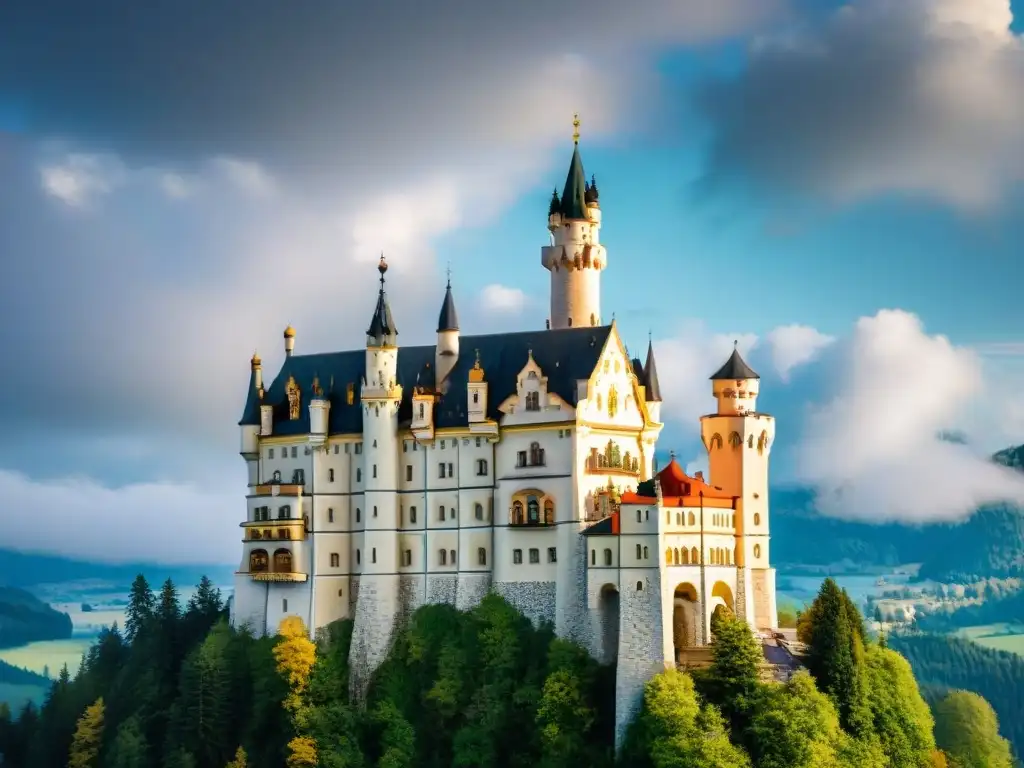 Un castillo de Baviera misterioso bañado por el sol, con visitantes maravillados