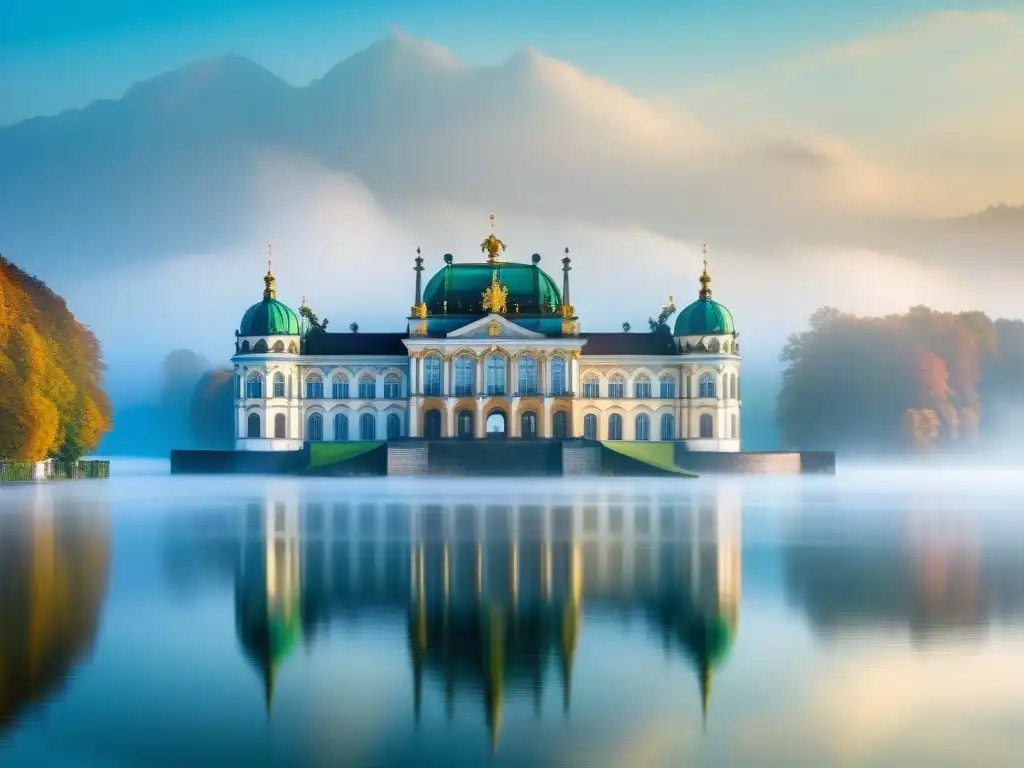 Castillo de Baviera misterioso envuelto en la neblina matutina, resaltando su belleza y encanto de cuento de hadas