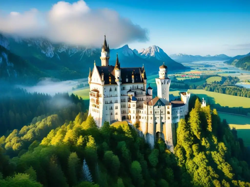 Un castillo de Baviera misterioso se alza majestuoso entre bosques verdes y cielo azul, con detalles arquitectónicos deslumbrantes