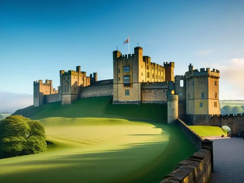Imponente Alnwick Castle: Historia y Misterio en Piedra Antigua Un castillo misterioso y majestuoso, con detalles arquitectónicos en piedra, rodeado de naturaleza