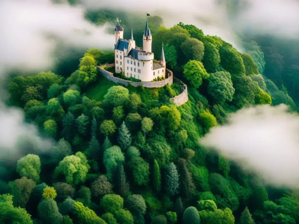 Castillo oculto entre bosque verde, envuelto en niebla