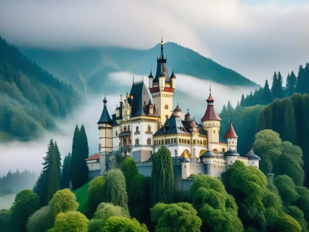 Majestuosidad neorrenacentista del Castillo de Peleș en Rumania Castillo opulento en Rumania, neoRenacimiento, niebla matinal y montañas