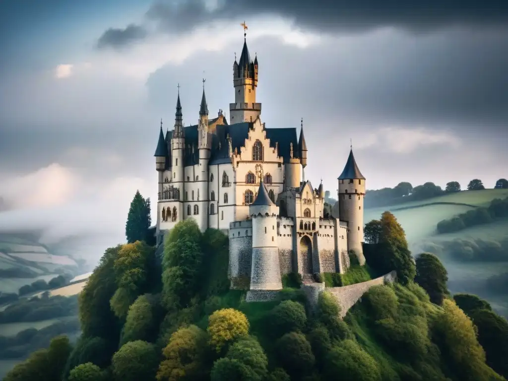 Castillo Real gótico: detalles y misterio bajo un cielo dramático Un castillo real gótico con esculturas detalladas en piedra, rodeado de colinas verdes y un cielo dramático