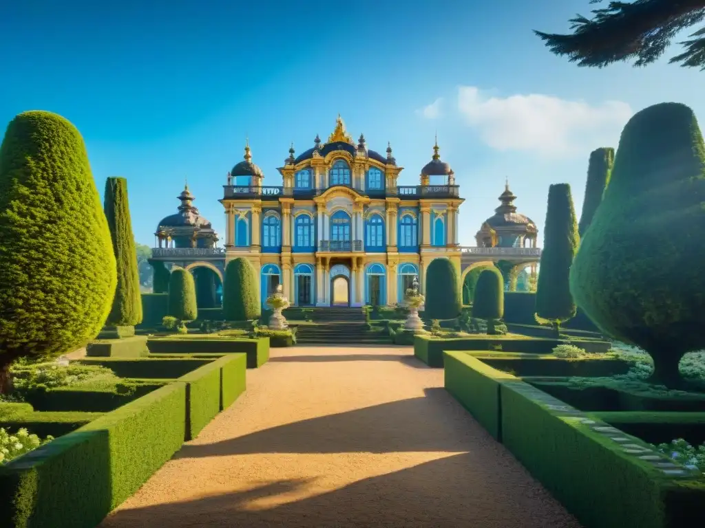 Castillo Rococó con jardines exuberantes, torres elaboradas y detalles arquitectónicos detallados, bajo un cielo azul claro