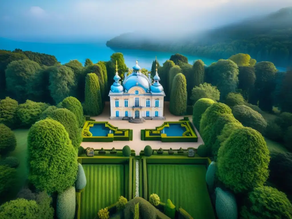 Castillo Rococó rodeado de exuberante naturaleza, detalles arquitectónicos detallados y cielo azul