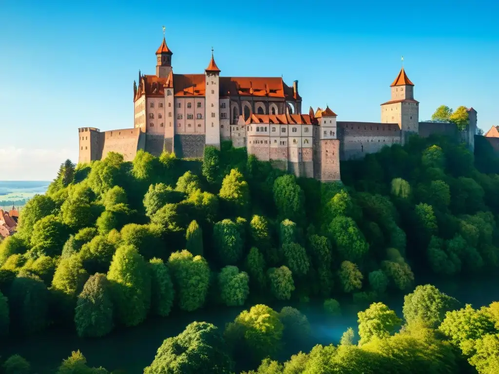 Castillo de Nuremberg rodeado de vegetación bajo cielo azul, turistas explorando, misterio en Castillos de Baviera misteriosos