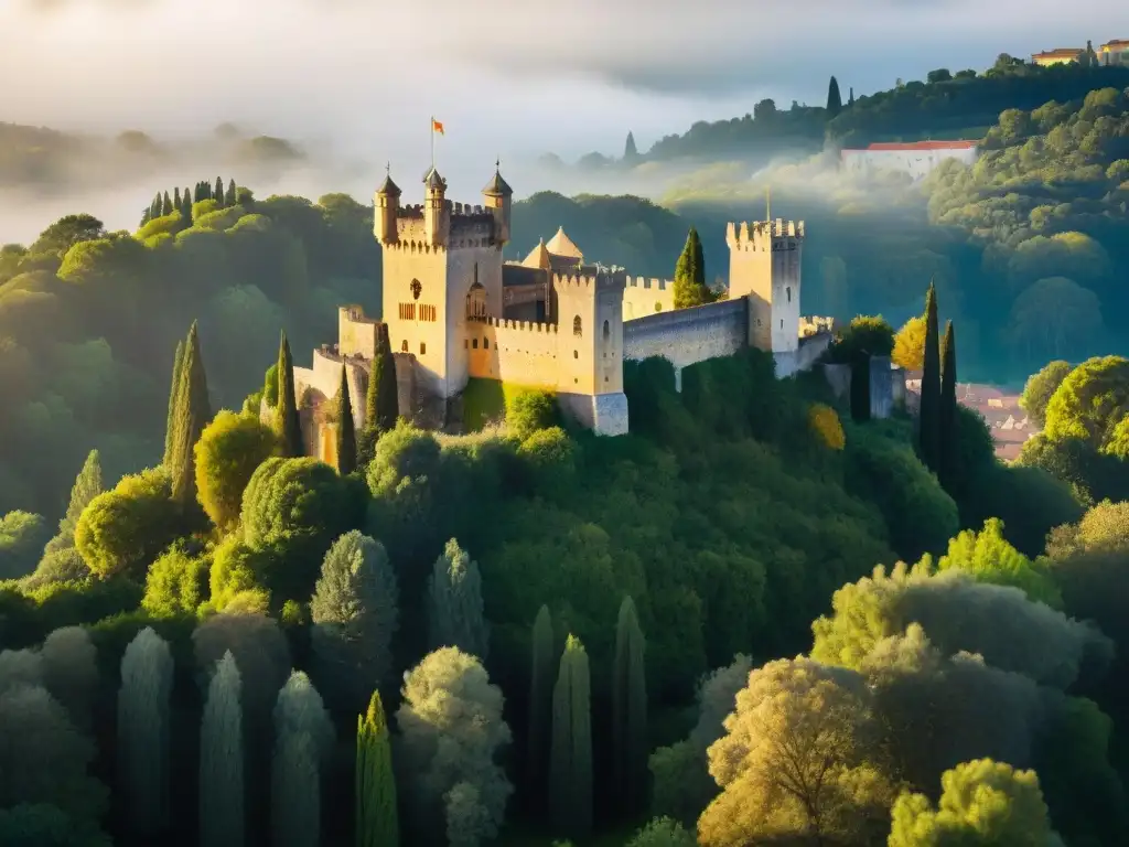 Castillo Templario en Tomar: Historia y misterio en piedra Castillo Templario en Tomar, Portugal, fusionando estilos arquitectónicos en una imagen al atardecer