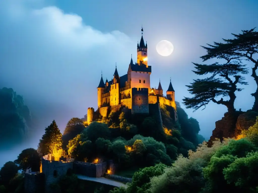 Castillo tenebroso envuelto en niebla, iluminado por la luna, rodeado de árboles retorcidos