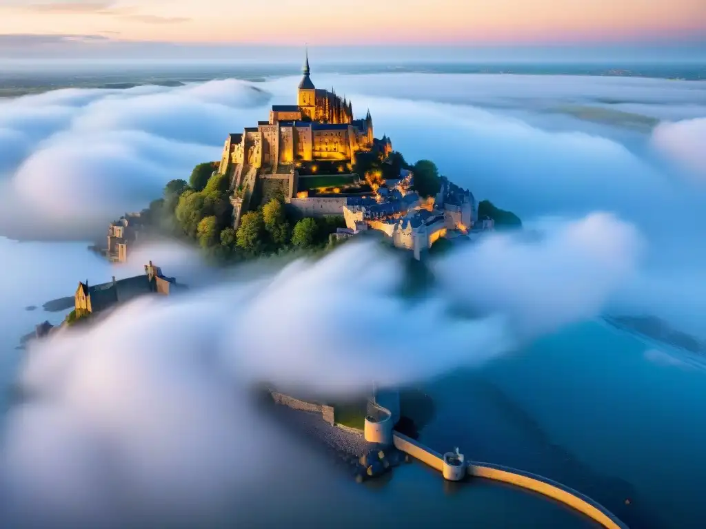 Mont Saint-Michel: Castillo en el cielo Castillos en alturas impresionantes: el Mont Saint-Michel emerge entre la bruma, mostrando su arquitectura medieval y torres imponentes