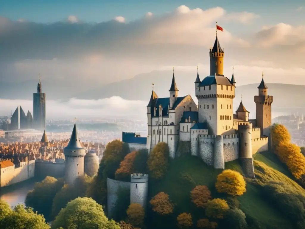 Castillo medieval frente a skyline moderno: evolución arquitectónica Evolución vida en castillos: un castillo medieval y una ciudad moderna se fusionan, reflejando la evolución arquitectónica a lo largo de los siglos