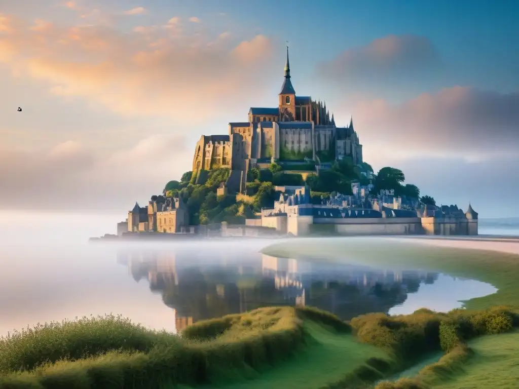 Mont Saint-Michel: Majestuosa fortaleza medieval al atardecer Castillos emblemáticos historia fortalezas: Mont Saint-Michel al atardecer, emerge de la niebla con su majestuosidad arquitectónica