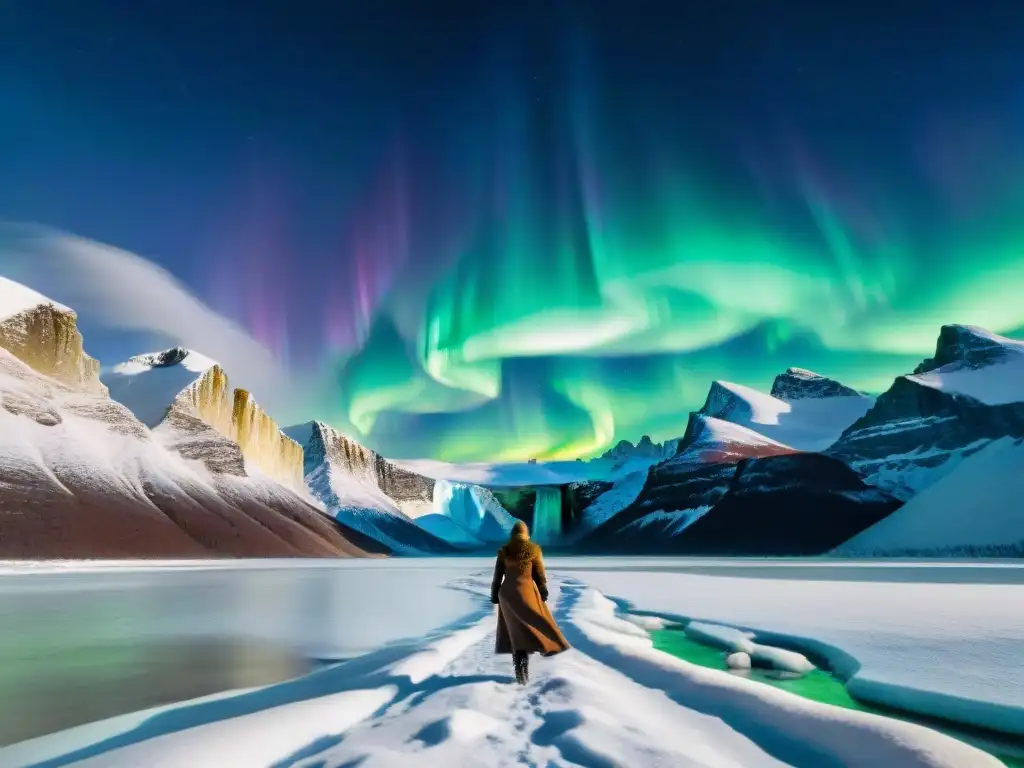 Castillos de hielo bajo la aurora boreal Castillos de hielo literatura nórdica: paisaje helado con auroras boreales, torres de hielo y montañas nevadas