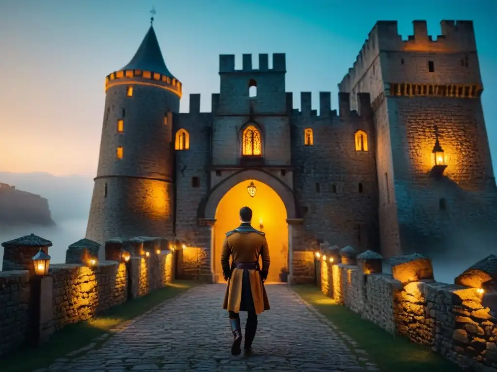 Iluminación en castillos históricos: Antiguas linternas iluminan el castillo medieval al anochecer, creando un juego de luces y sombras cautivador