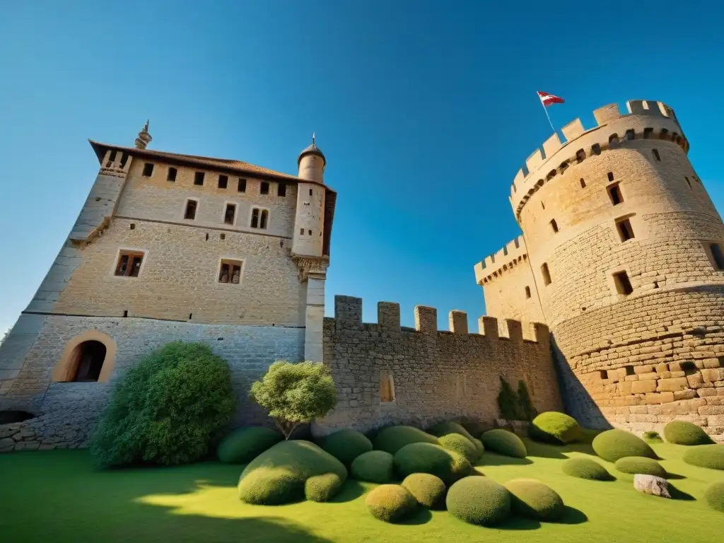 Restauración ecológica de castillos históricos: artesanos restaurando muros de piedra bajo cielo azul