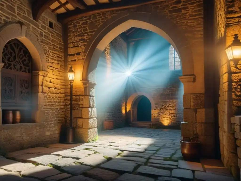 Iluminación en castillos históricos: Detalle de la iluminación interior en un castillo antiguo, resaltando la fusión entre lo moderno y lo antiguo
