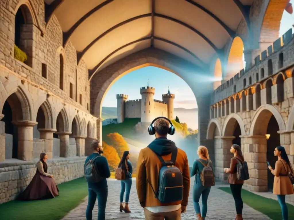 Exploración medieval con AR en castillo Explorando castillos históricos con realidad aumentada al atardecer
