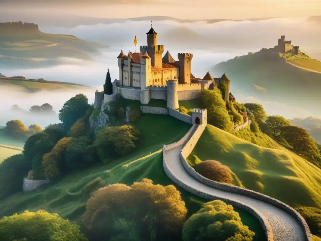 Castillo medieval: historia y grandiosidad en una imagen detallada Explora castillos históricos en vacaciones: majestuoso castillo medieval en colina verde, con muros de piedra y banderas antiguas al viento