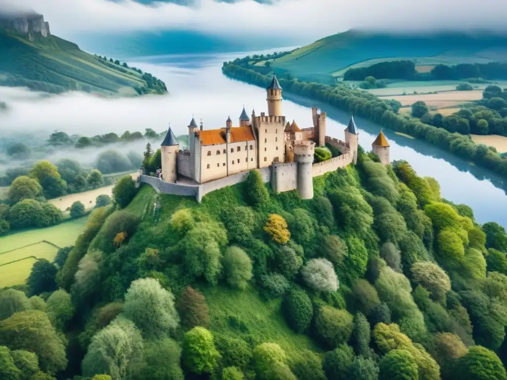 Castillo medieval en colina verde: una vista aérea impresionante Visitar castillos históricos en vacaciones: majestuoso castillo medieval en una colina verde rodeado de un bosque vibrante y un río sinuoso