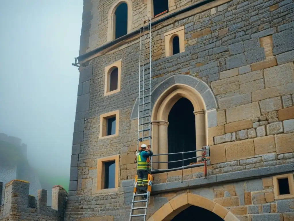 Transformación de castillo medieval a hogar moderno: restauración detallada Transformación de castillos en hogares: Artesanos restaurando un castillo medieval para convertirlo en una moderna residencia