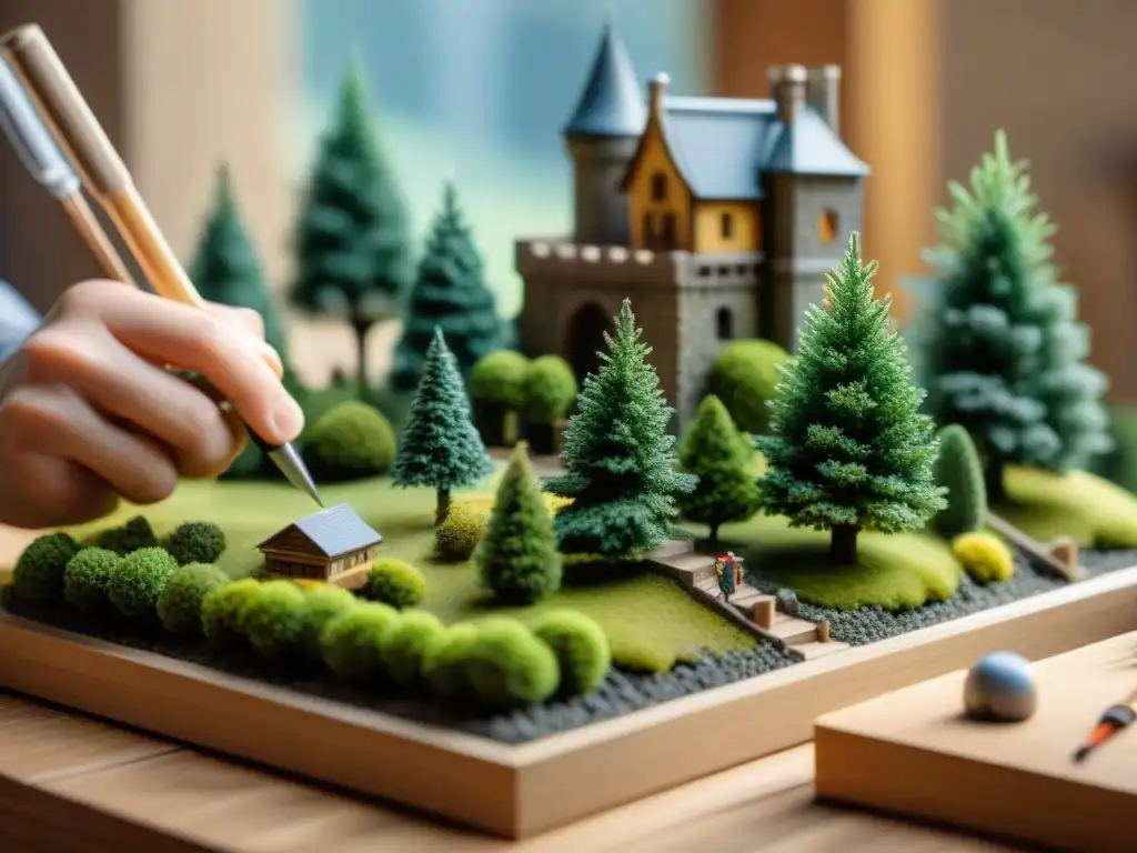 Constructor de castillos en miniatura: detalle y destreza Construir castillos en miniatura con precisión y destreza en un detallado taller de modelismo