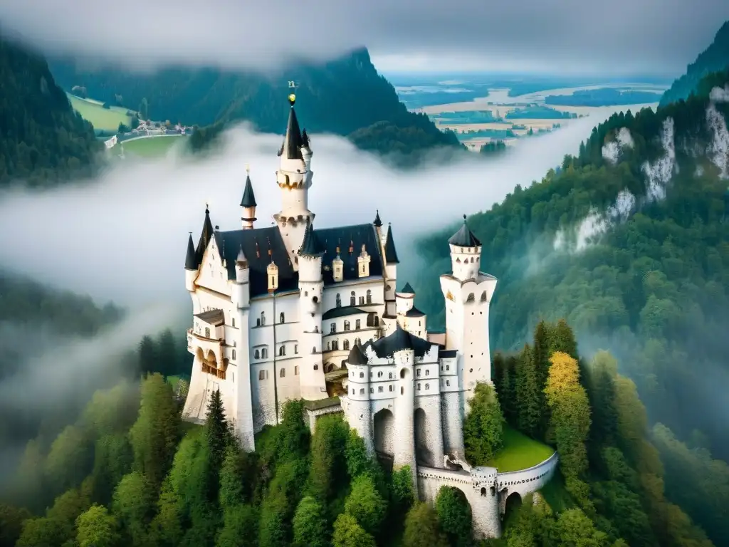 Castillos del mundo: impresionante arquitectura medieval del Castillo de Neuschwanstein en Alemania en una mañana brumosa