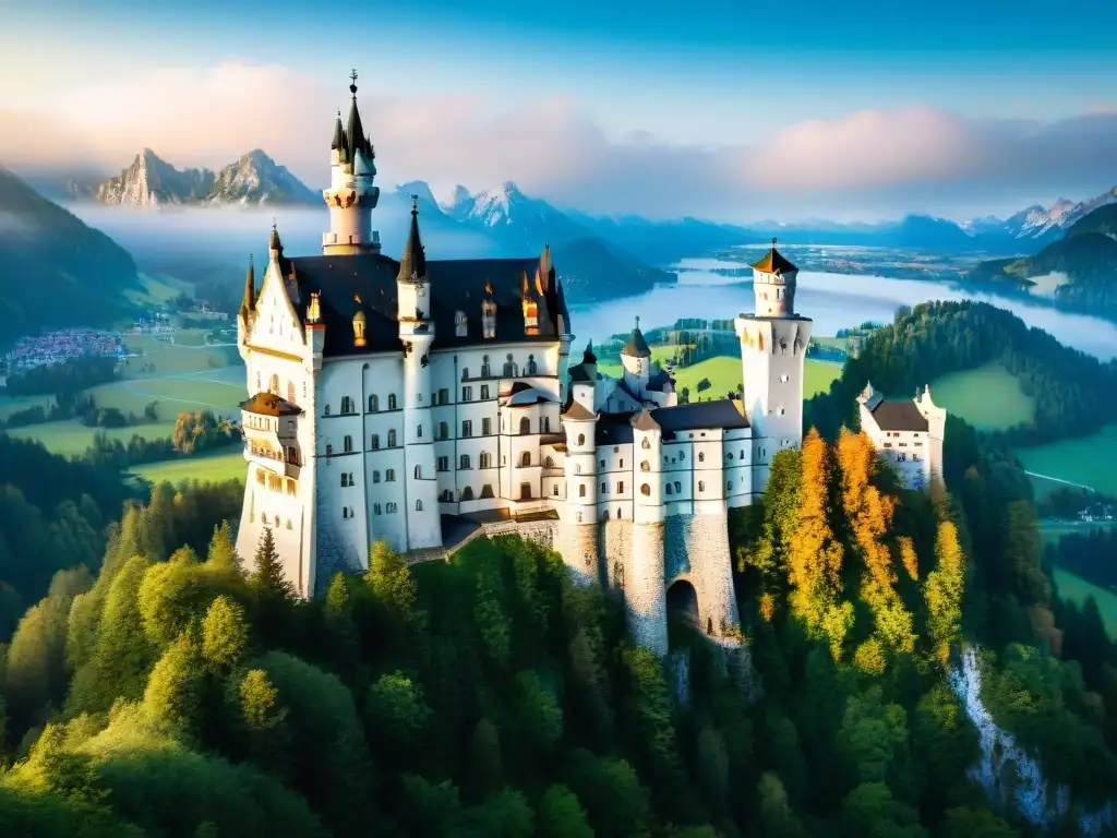 Castillos del mundo: impresionante Neuschwanstein Castle al atardecer, rodeado de exuberante vegetación y cielo azul claro