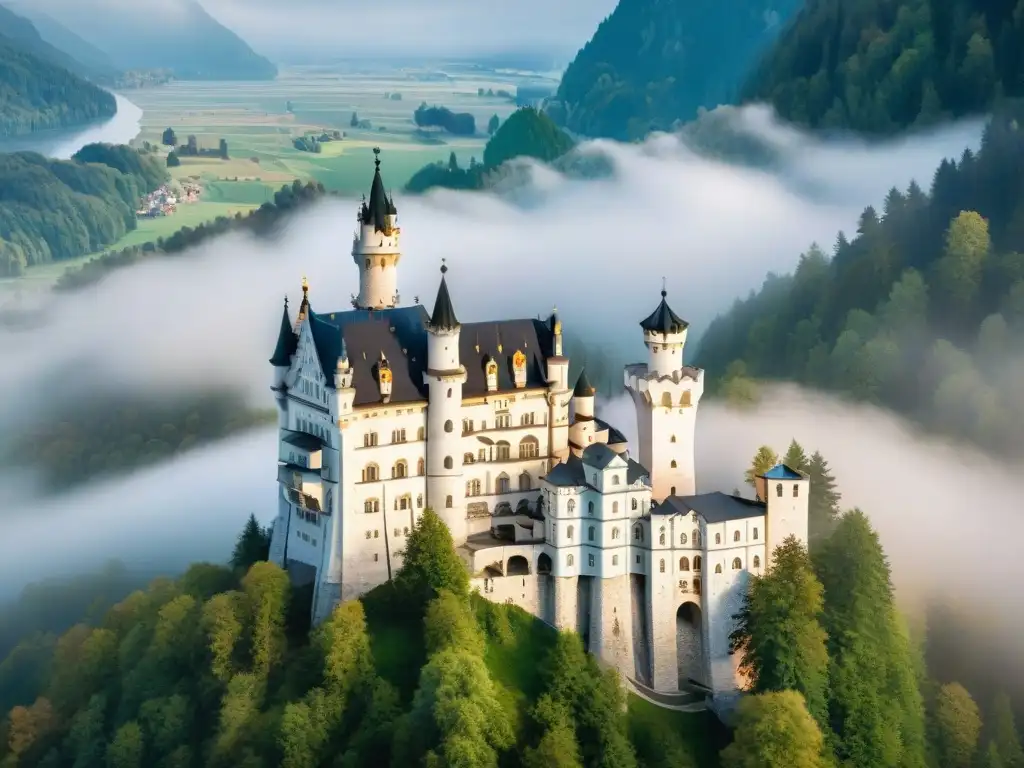 Castillos del mundo: impresionante Neuschwanstein en Alemania en la niebla de la mañana