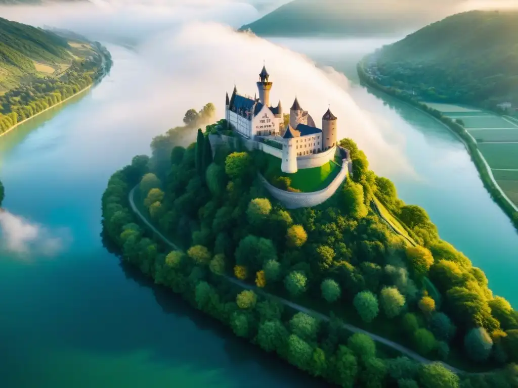 Castillos históricos en el Valle del Rin al atardecer Castillos del Valle del Rin bañados por la luz dorada del atardecer en un paisaje majestuoso y verde
