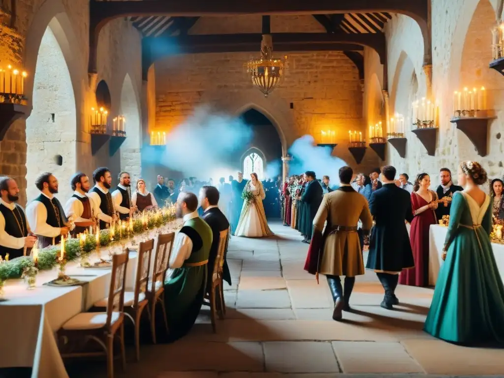 Boda medieval en castillo: banquete, músicos y alegría Una celebración medieval en un castillo: banquetes, candiles, músicos y alegría en un ambiente festivo