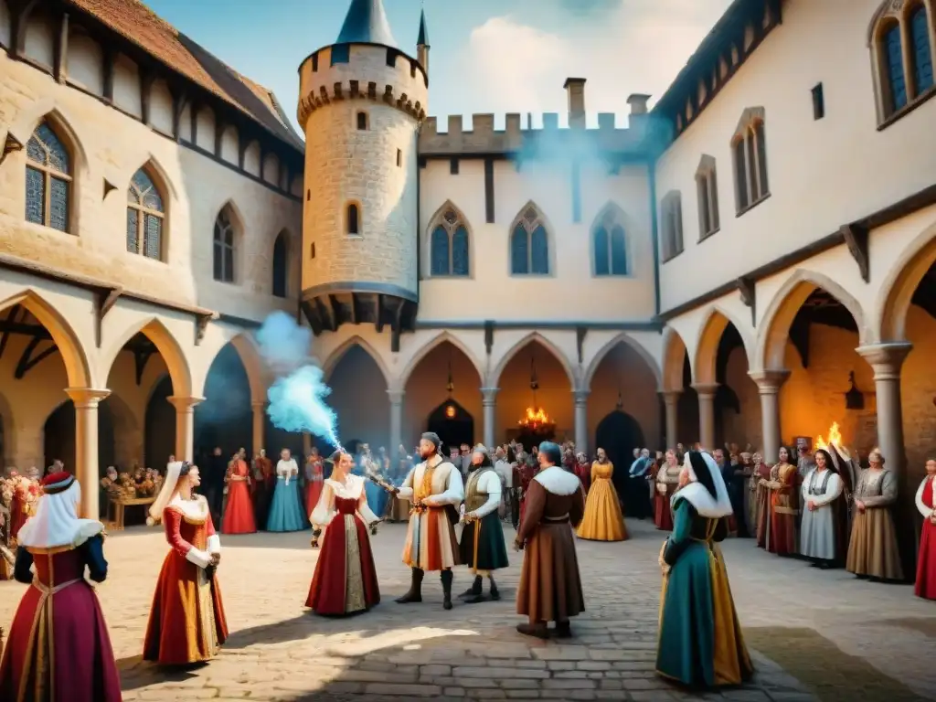Escena medieval en un castillo: júbilo y entretenimiento histórico Una celebración medieval en un castillo: entretenimiento, música y color en una boda temática