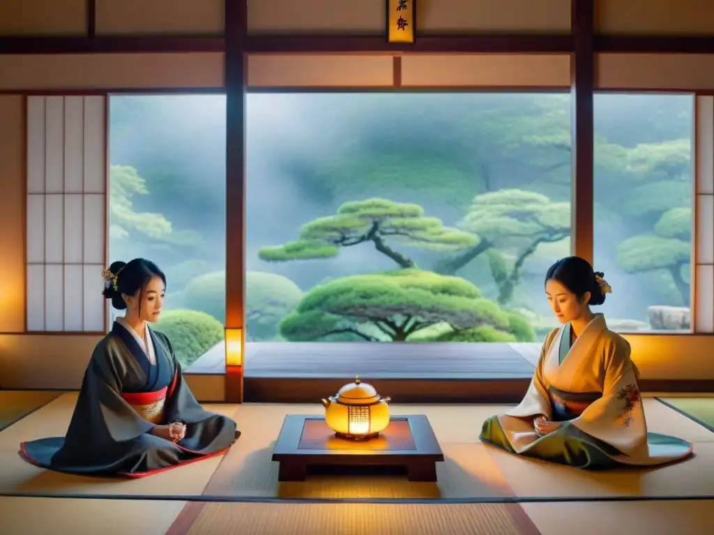 Exquisita ceremonia del té en castillo japonés Una ceremonia del té japonesa en un castillo asiático, resaltando la belleza y tradición