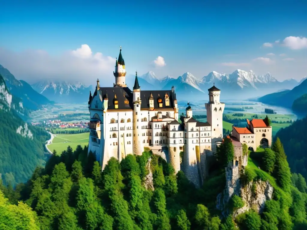 Castillo de Neuschwanstein: Majestuosidad y encanto medieval Castillo Neuschwanstein en la colina, rodeado de vegetación y los Alpes, bajo un cielo azul