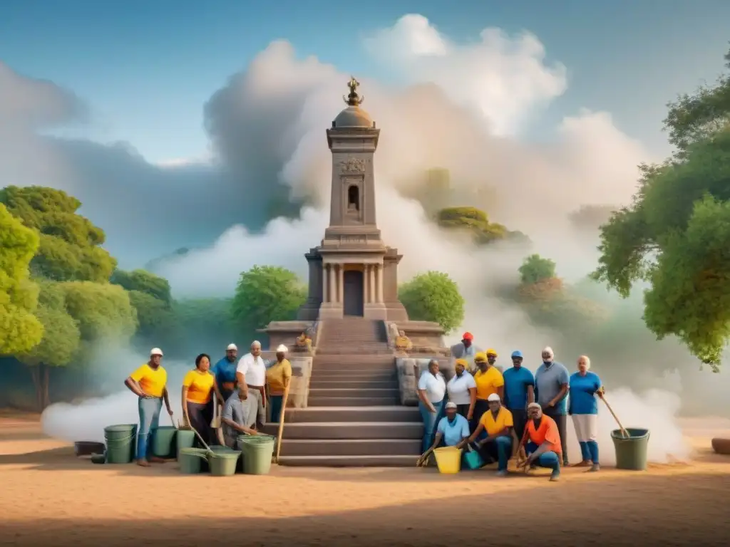 Restauración comunitaria: unidos por la historia en monumento histórico Comunidad diversa restaura monumento histórico con herramientas, mostrando unidad y preservación monumentos históricos recursos
