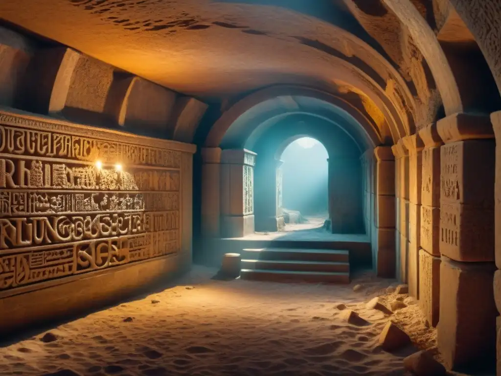 Una cripta misteriosa llena de sarcófagos antiguos, inscripciones y símbolos, envuelta en historia y secretos olvidados