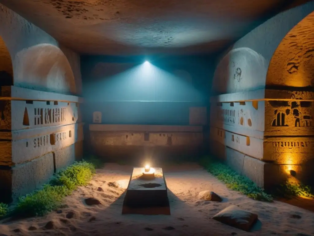 Una cripta olvidada llena de historia y secretos, con tumbas antiguas y sombras misteriosas