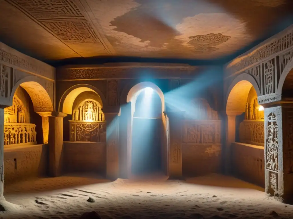 Criptas olvidadas, historia y secretos labrados en piedra iluminados por antorchas, un ambiente misterioso y lleno de historia
