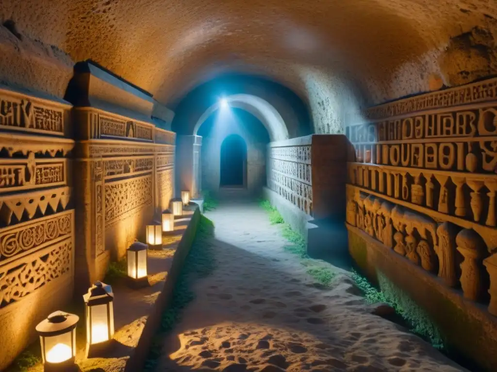 Explora criptas olvidadas, historia y secretos en una cámara misteriosa iluminada por tenues linternas