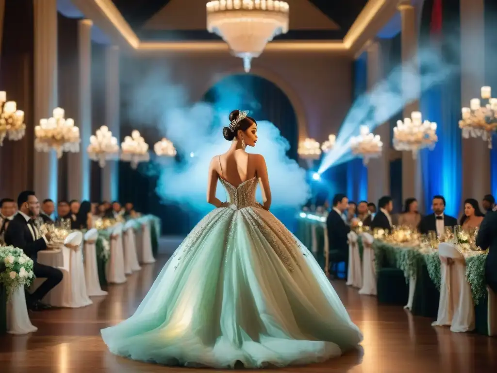 Experiencia de gala corporativa: Cuento de hadas en salón de ensueño Ambientación de cuento de hadas en un salón de eventos, con castillo de fondo y luces brillantes, ideal para eventos corporativos en castillos