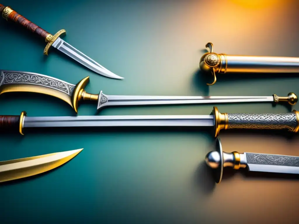 Evocadora evolución de armas de duelo medievales Ilustración detallada de la evolución de armas de duelo medieval, desde espadas y escudos hasta sables y pistolas
