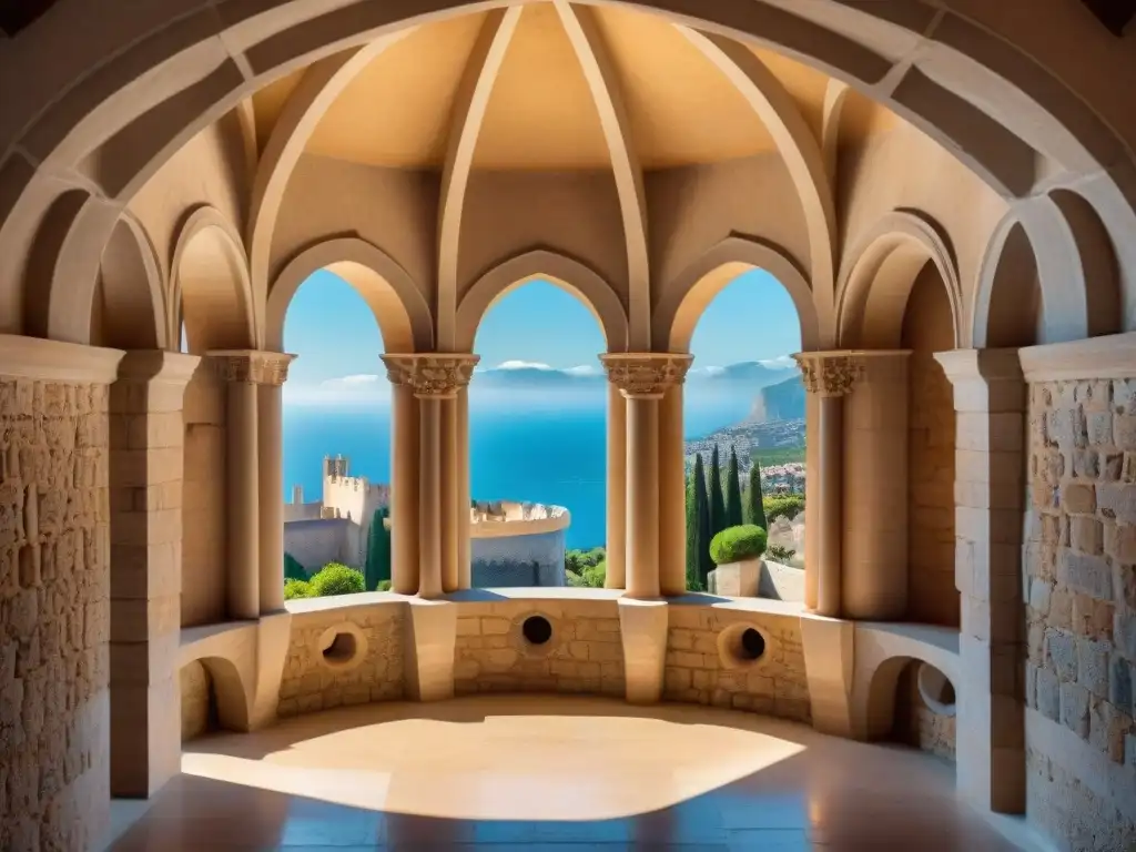 Arquitectura gótica detallada del Castillo Bellver en Mallorca Fotografía detallada del Castillo Bellver en Mallorca resaltando su arquitectura gótica y la historia que encierra